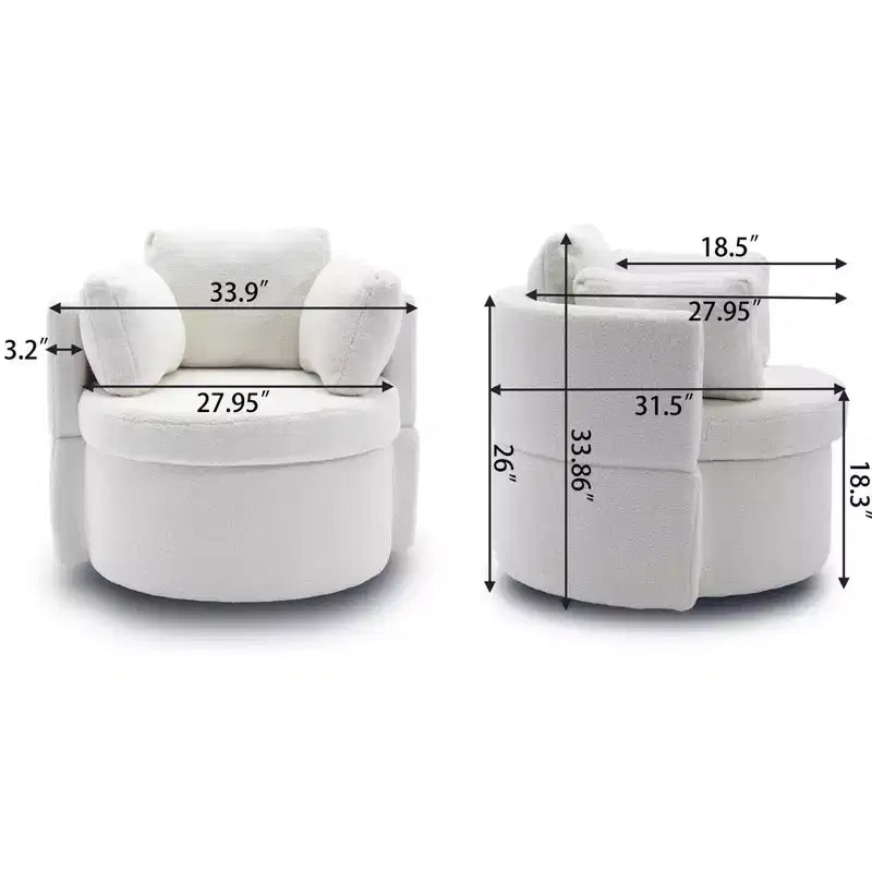 Poltrone moderne accentate per camera da letto, sedia girevole e contenitore in tessuto Teddy con cuscino per lo schienale per soggiorno