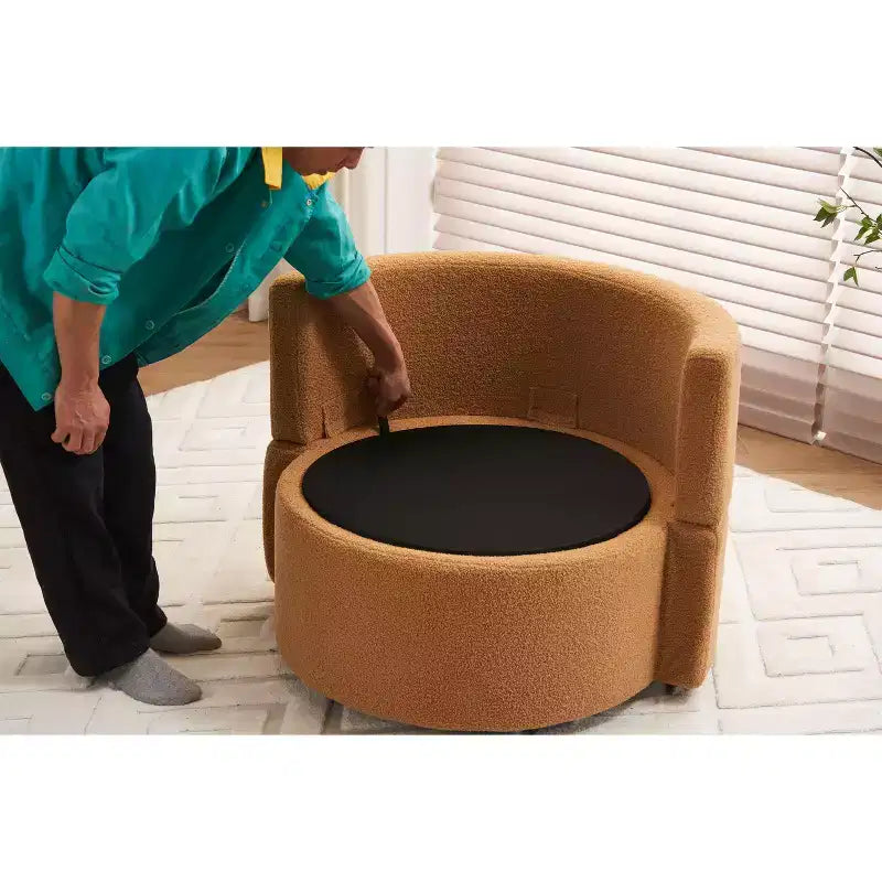 Poltrone moderne accentate per camera da letto, sedia girevole e contenitore in tessuto Teddy con cuscino per lo schienale per soggiorno