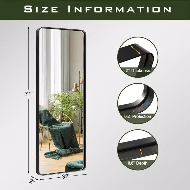 Specchio a figura intera 71x31 rettangolare, cornice in lega di alluminio nera, specchio da parete per bagno, camera da letto, ingresso, soggiorno/spogliatoio