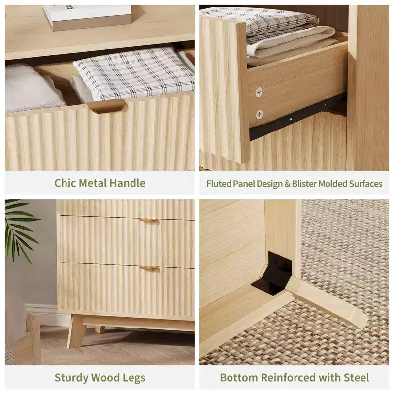 Cassettiera scanalata a 3 cassetti - Mobile contenitore moderno in legno per camera da letto, soggiorno e organizzazione dell'armadio