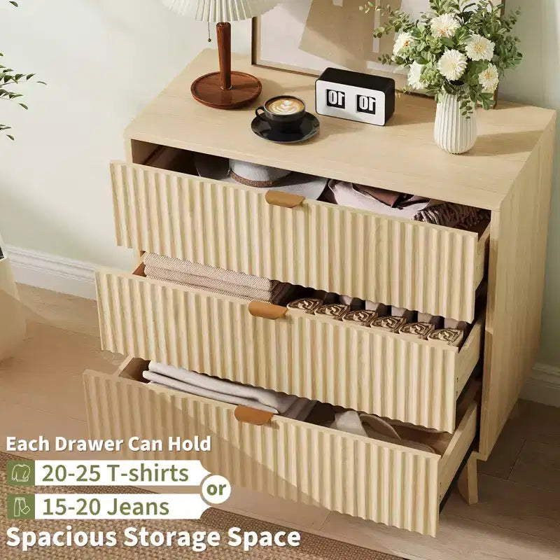Cassettiera scanalata a 3 cassetti - Mobile contenitore moderno in legno per camera da letto, soggiorno e organizzazione dell'armadio