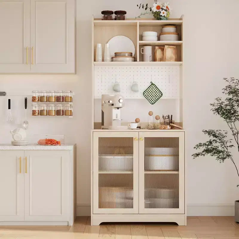 71 Kitchen Pantry Cabinet with Glass Doors, Pegboard & Open Shelves, Wooden Sideboard Buffet Cabinet with Hutch,for Dining Room
