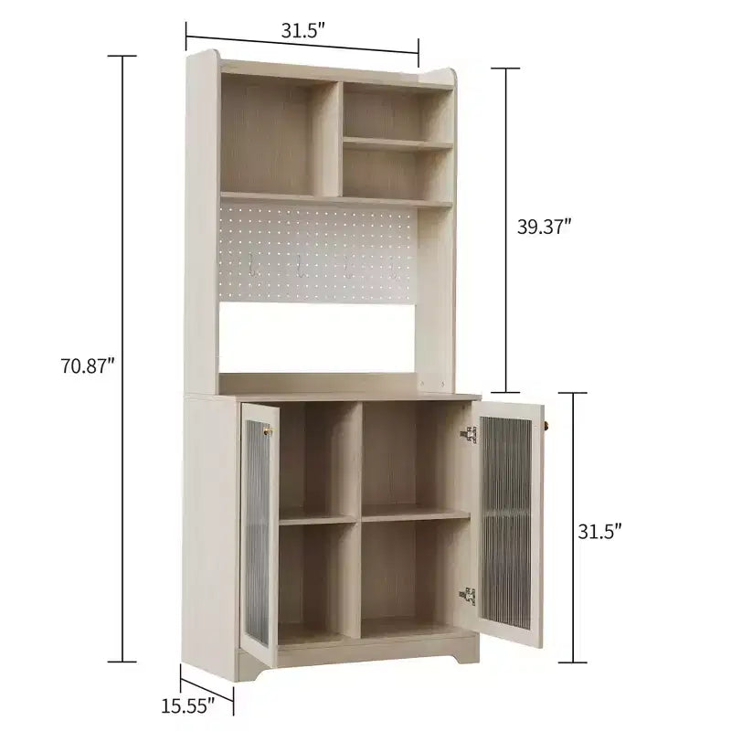 Dispensa da cucina da 71 pollici con ante in vetro, pannello forato e ripiani aperti, credenza in legno con cristalliera, per sala da pranzo