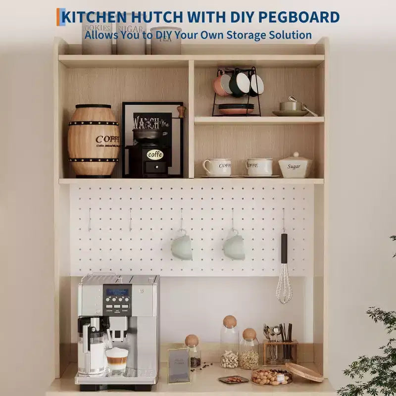 Dispensa da cucina da 71 pollici con ante in vetro, pannello forato e ripiani aperti, credenza in legno con cristalliera, per sala da pranzo