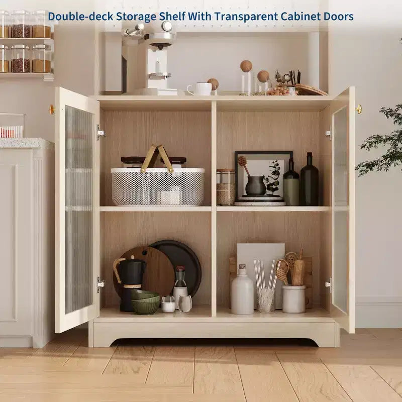 Dispensa da cucina da 71 pollici con ante in vetro, pannello forato e ripiani aperti, credenza in legno con cristalliera, per sala da pranzo