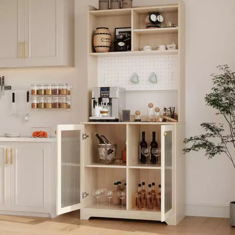 Dispensa da cucina da 71 pollici con ante in vetro, pannello forato e ripiani aperti, credenza in legno con cristalliera, per sala da pranzo