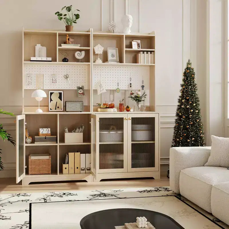 Dispensa da cucina da 71 pollici con ante in vetro, pannello forato e ripiani aperti, credenza in legno con cristalliera, per sala da pranzo