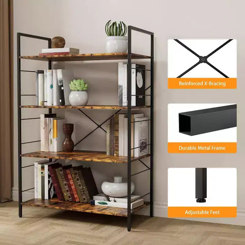 Libreria a 4 livelli, libreria grande con struttura in acciaio, scaffali industriali per ufficio, organizzazione e stoccaggio rustici per camera da letto