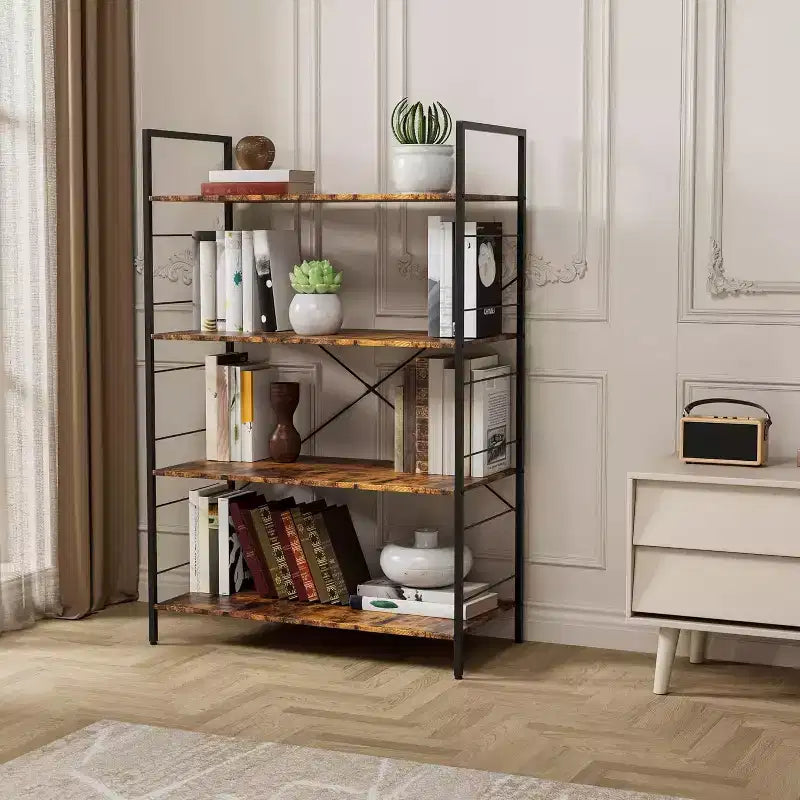 Libreria a 4 livelli, libreria grande con struttura in acciaio, scaffali industriali per ufficio, organizzazione e stoccaggio rustici per camera da letto