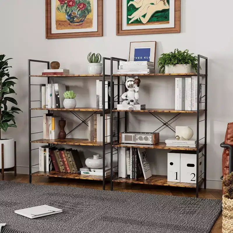 Libreria a 4 livelli, libreria grande con struttura in acciaio, scaffali industriali per ufficio, organizzazione e stoccaggio rustici per camera da letto