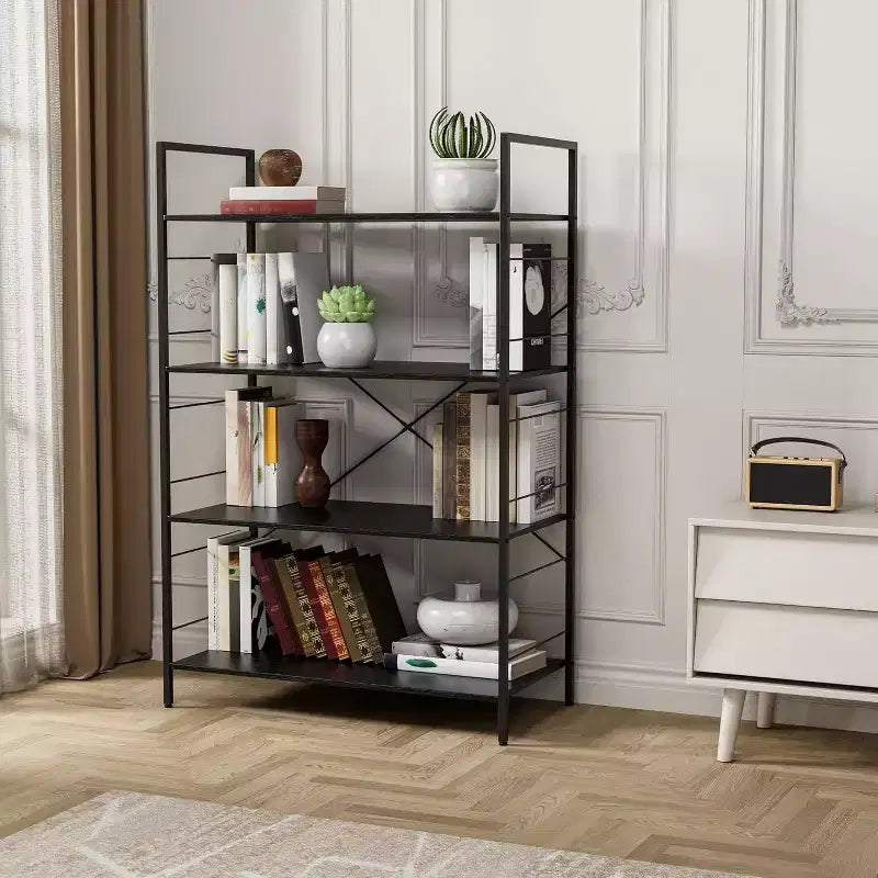 Libreria a 4 livelli, libreria grande con struttura in acciaio, scaffali industriali per ufficio, organizzazione e stoccaggio rustici per camera da letto