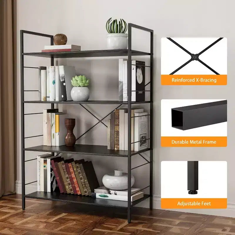 Libreria a 4 livelli, libreria grande con struttura in acciaio, scaffali industriali per ufficio, organizzazione e stoccaggio rustici per camera da letto