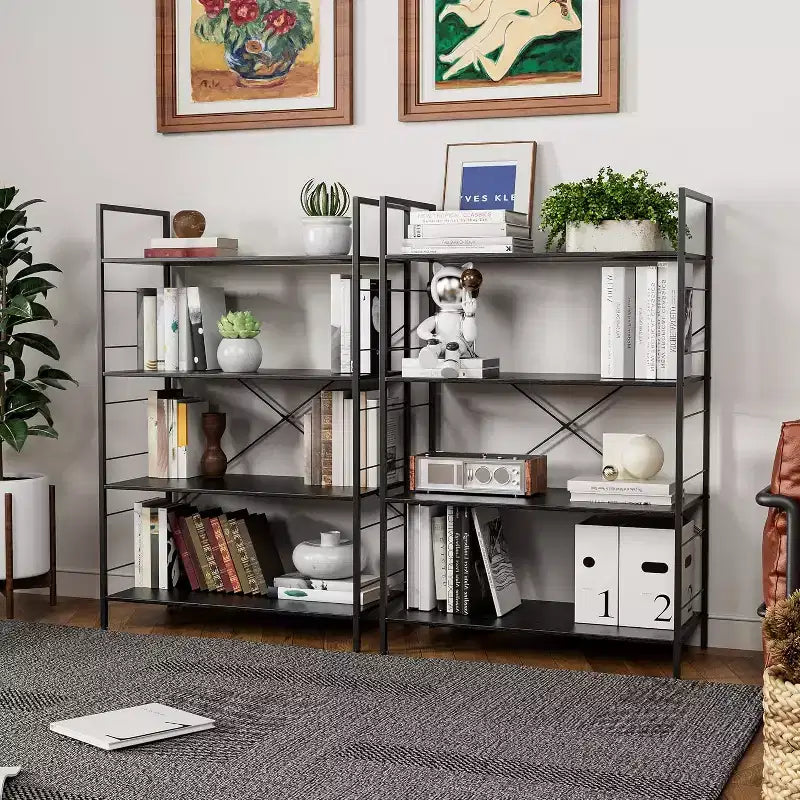 Libreria a 4 livelli, libreria grande con struttura in acciaio, scaffali industriali per ufficio, organizzazione e stoccaggio rustici per camera da letto