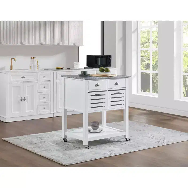 Carrello da Cucina/Isola 30 Mobile con Top in Marmo, Cassetto Inferiore e Cesto Scorrevole in Filo Metallico