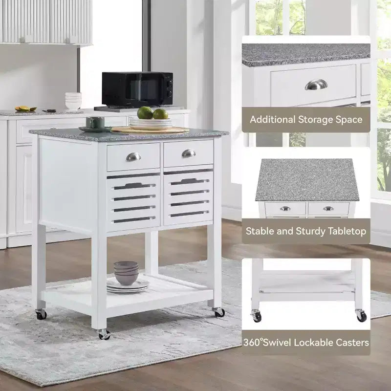 Carrello da Cucina/Isola 30 Mobile con Top in Marmo, Cassetto Inferiore e Cesto Scorrevole in Filo Metallico