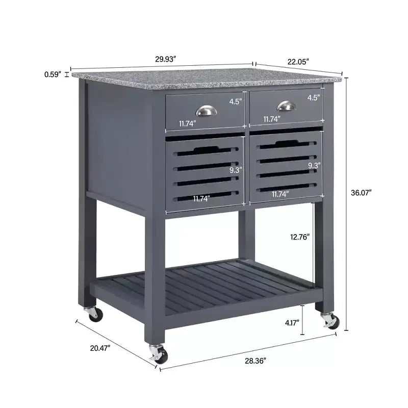 Carrello da Cucina/Isola 30 Mobile con Top in Marmo, Cassetto Inferiore e Cesto Scorrevole in Filo Metallico