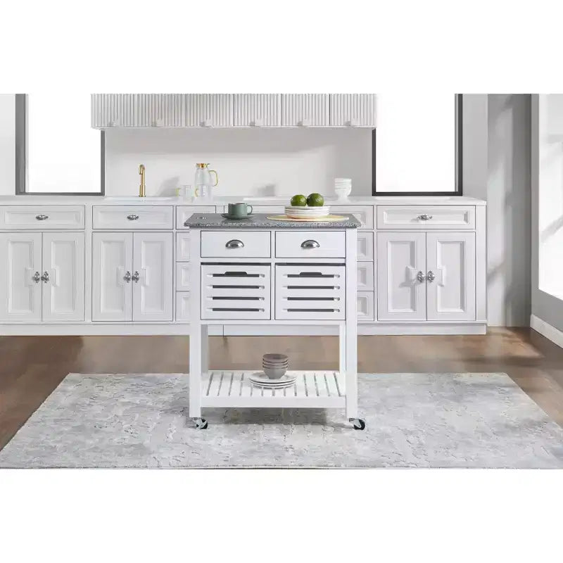 Carrello da Cucina/Isola 30 Mobile con Top in Marmo, Cassetto Inferiore e Cesto Scorrevole in Filo Metallico
