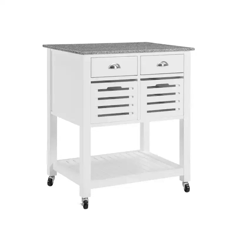 Carrello da Cucina/Isola 30 Mobile con Top in Marmo, Cassetto Inferiore e Cesto Scorrevole in Filo Metallico
