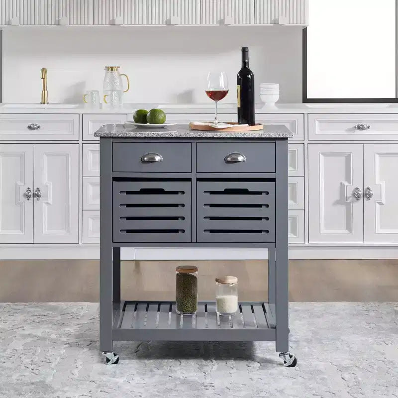 Carrello da Cucina/Isola 30 Mobile con Top in Marmo, Cassetto Inferiore e Cesto Scorrevole in Filo Metallico