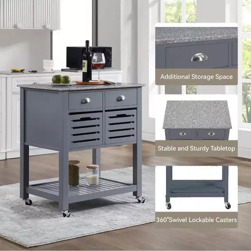 Carrello da Cucina/Isola 30 Mobile con Top in Marmo, Cassetto Inferiore e Cesto Scorrevole in Filo Metallico