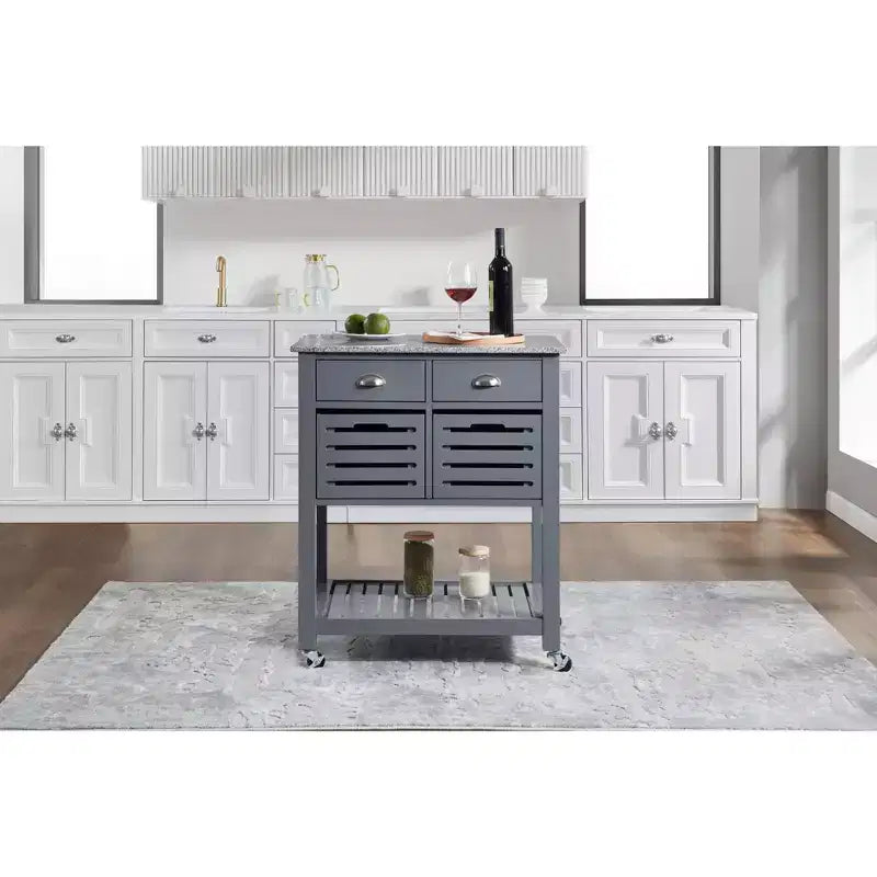 Carrello da Cucina/Isola 30 Mobile con Top in Marmo, Cassetto Inferiore e Cesto Scorrevole in Filo Metallico
