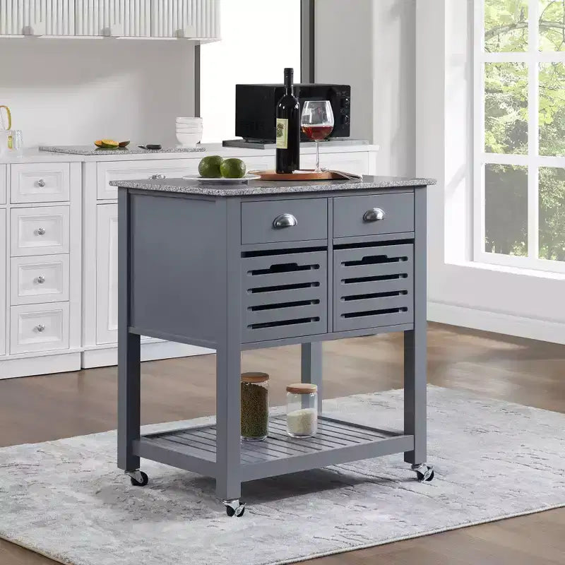 30Mobile Rolling Kitchen Island Trolley Serving Cart with Marble Top,Underneath Drawer & Slide-Out Wire Storage Basket