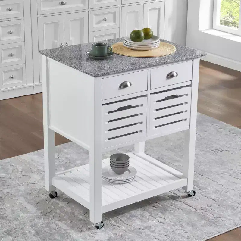 Carrello da Cucina/Isola 30 Mobile con Top in Marmo, Cassetto Inferiore e Cesto Scorrevole in Filo Metallico