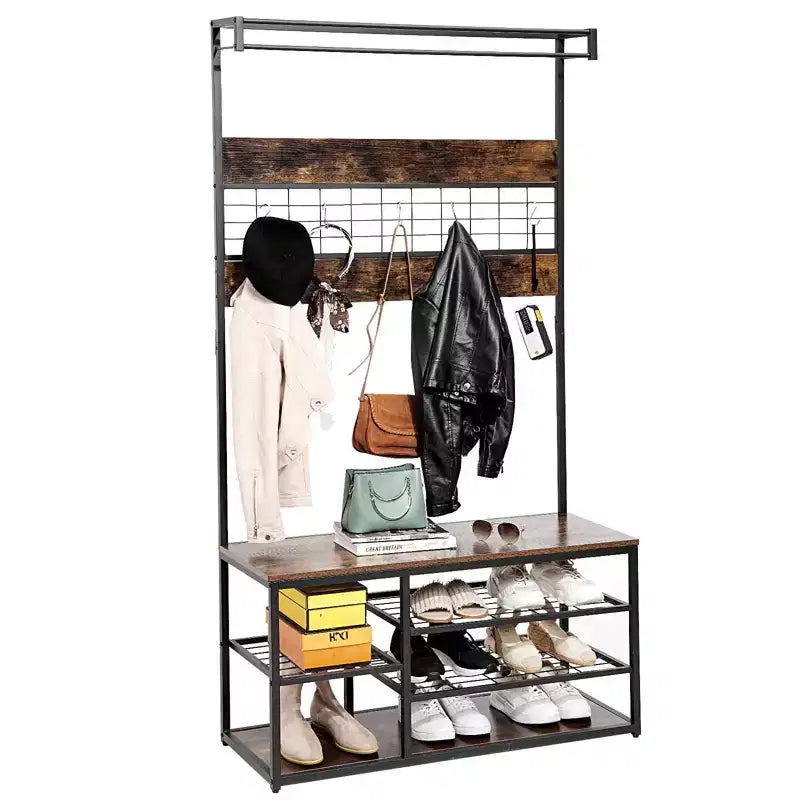 Coat Rack Hall Tree, 3-Tier Shoe Storage with 5 Hooks - Wood-Look Bench for Entryway, Industrial Rustic Design Brown & Black