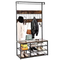 Coat Rack Hall Tree, 3-Tier Shoe Storage with 5 Hooks - Wood-Look Bench for Entryway, Industrial Rustic Design Brown & Black