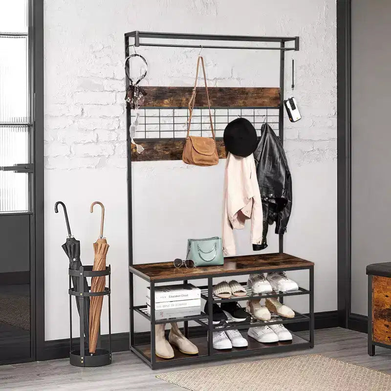 Attaccapanni a Piantana, Scarpiera a 3 Ripiani con 5 Ganci - Panca Effetto Legno per Ingresso, Design Industriale Rustico Marrone e Nero
