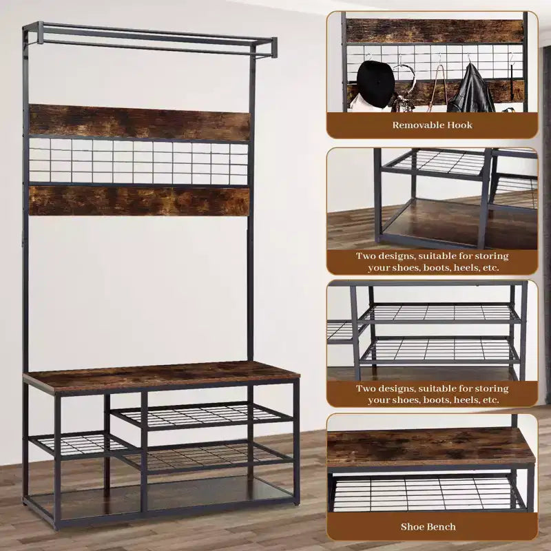 Attaccapanni a Piantana, Scarpiera a 3 Ripiani con 5 Ganci - Panca Effetto Legno per Ingresso, Design Industriale Rustico Marrone e Nero