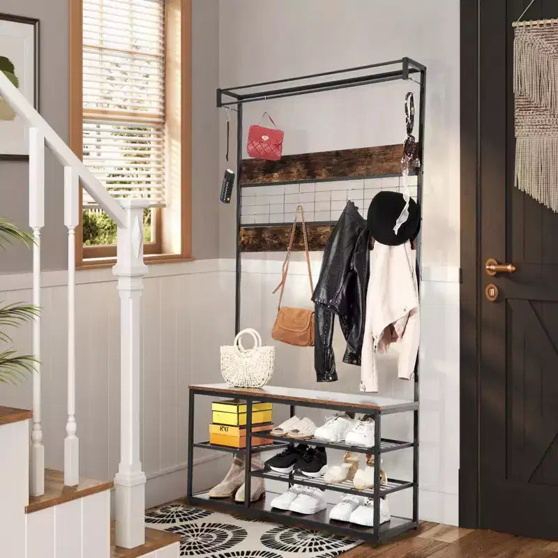 Attaccapanni a Piantana, Scarpiera a 3 Ripiani con 5 Ganci - Panca Effetto Legno per Ingresso, Design Industriale Rustico Marrone e Nero