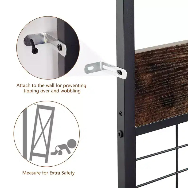 Attaccapanni a Piantana, Scarpiera a 3 Ripiani con 5 Ganci - Panca Effetto Legno per Ingresso, Design Industriale Rustico Marrone e Nero