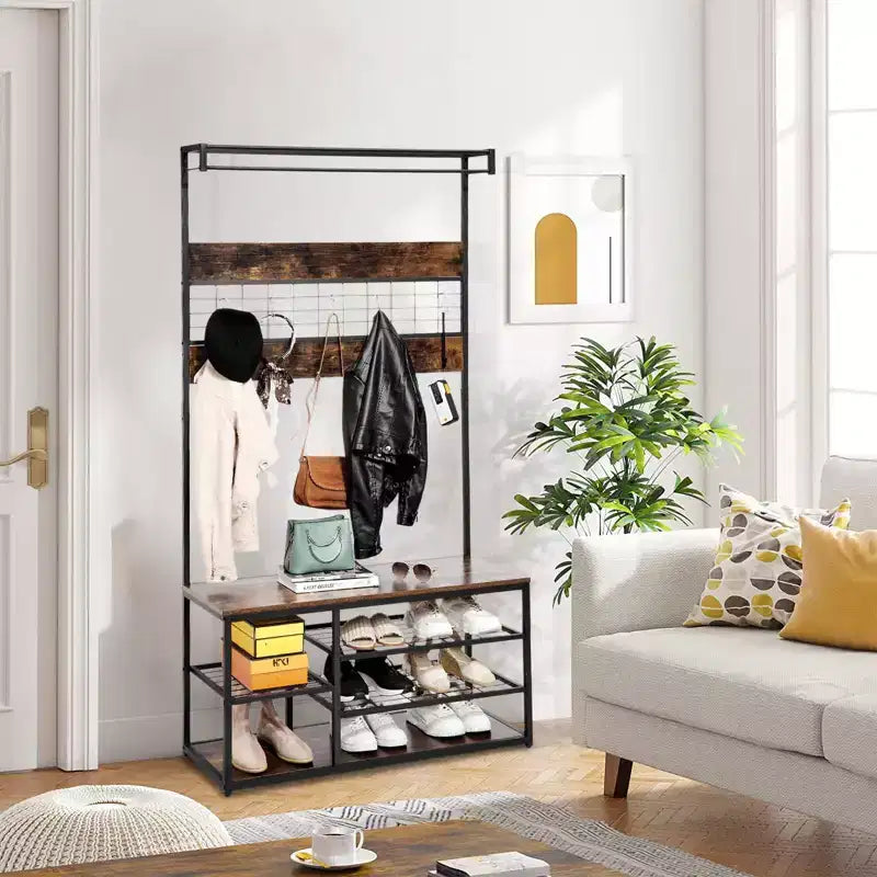 Attaccapanni a Piantana, Scarpiera a 3 Ripiani con 5 Ganci - Panca Effetto Legno per Ingresso, Design Industriale Rustico Marrone e Nero