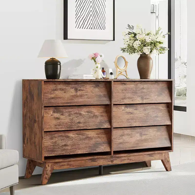 6-Drawer Dresser for Bedroom, 47.2 Wide Mid Century Chest of Drawers, Wooden Dresser TV Stand, Vintage Dressers with Bevel Design for Living Room