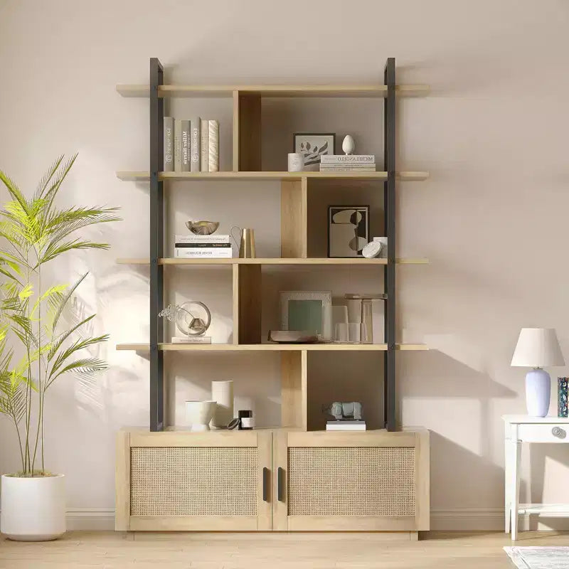 Libreria a 5 livelli con armadietto e anta, scaffale industriale alto 180,6 cm con ripiani aperti per soggiorno e camera da letto
