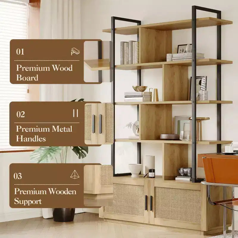 Libreria a 5 livelli con armadietto e anta, scaffale industriale alto 180,6 cm con ripiani aperti per soggiorno e camera da letto
