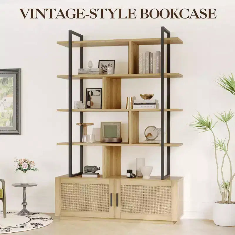 Libreria a 5 livelli con armadietto e anta, scaffale industriale alto 180,6 cm con ripiani aperti per soggiorno e camera da letto