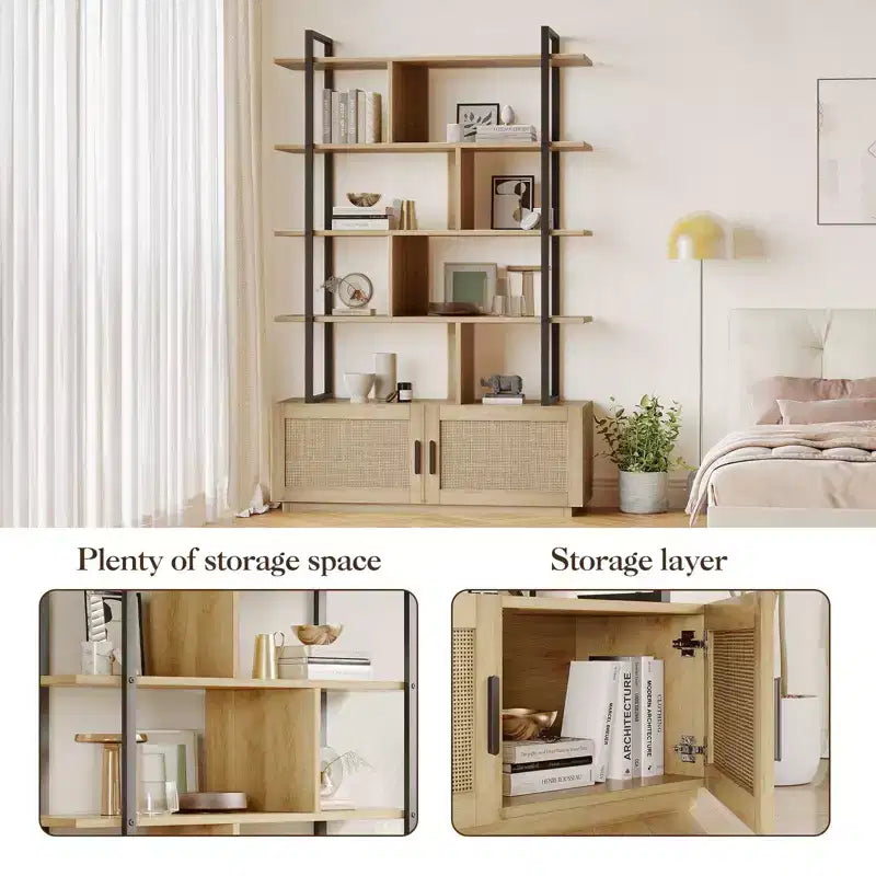 Libreria a 5 livelli con armadietto e anta, scaffale industriale alto 180,6 cm con ripiani aperti per soggiorno e camera da letto