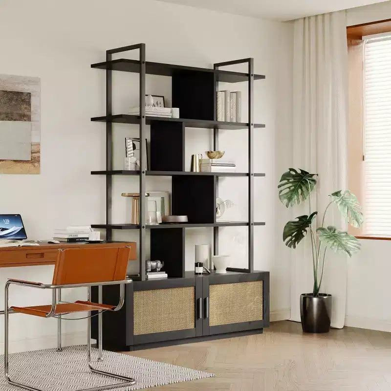 Libreria a 5 livelli con armadietto e anta, scaffale industriale alto 180,6 cm con ripiani aperti per soggiorno e camera da letto