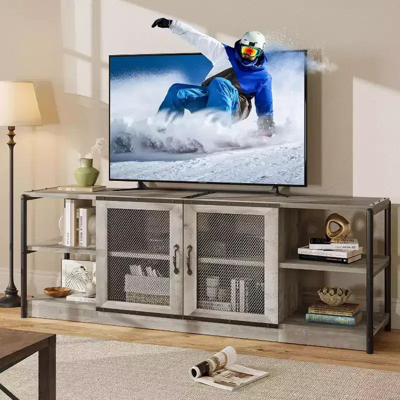Farmhouse TV Stand for 75/80 inches TVs, Entertainment Center with Storage Cabinet and Mesh Doors, Industrial Media Console Cabinet Table