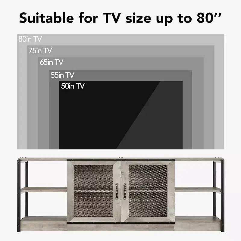 Mobile TV da fattoria per TV da 75/80 pollici, centro di intrattenimento con mobiletto contenitore e ante a rete, tavolo console multimediale industriale