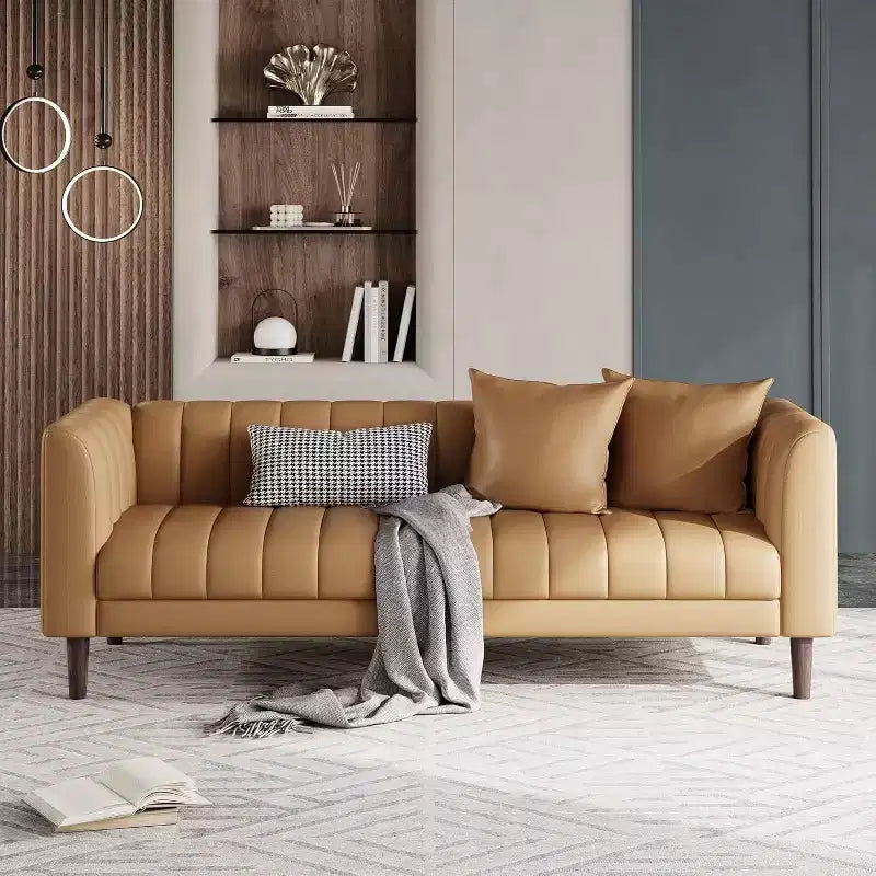 Divano Moderno a 3 Posti in Similpelle, con Sedute Profonde, 2 Cuscini Decorativi, Piedini in Legno, Facile da Montare, Marrone