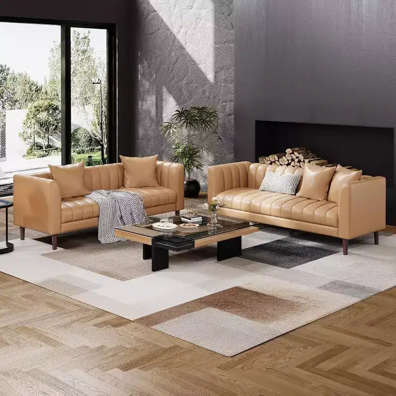 Divano Moderno a 3 Posti in Similpelle, con Sedute Profonde, 2 Cuscini Decorativi, Piedini in Legno, Facile da Montare, Marrone