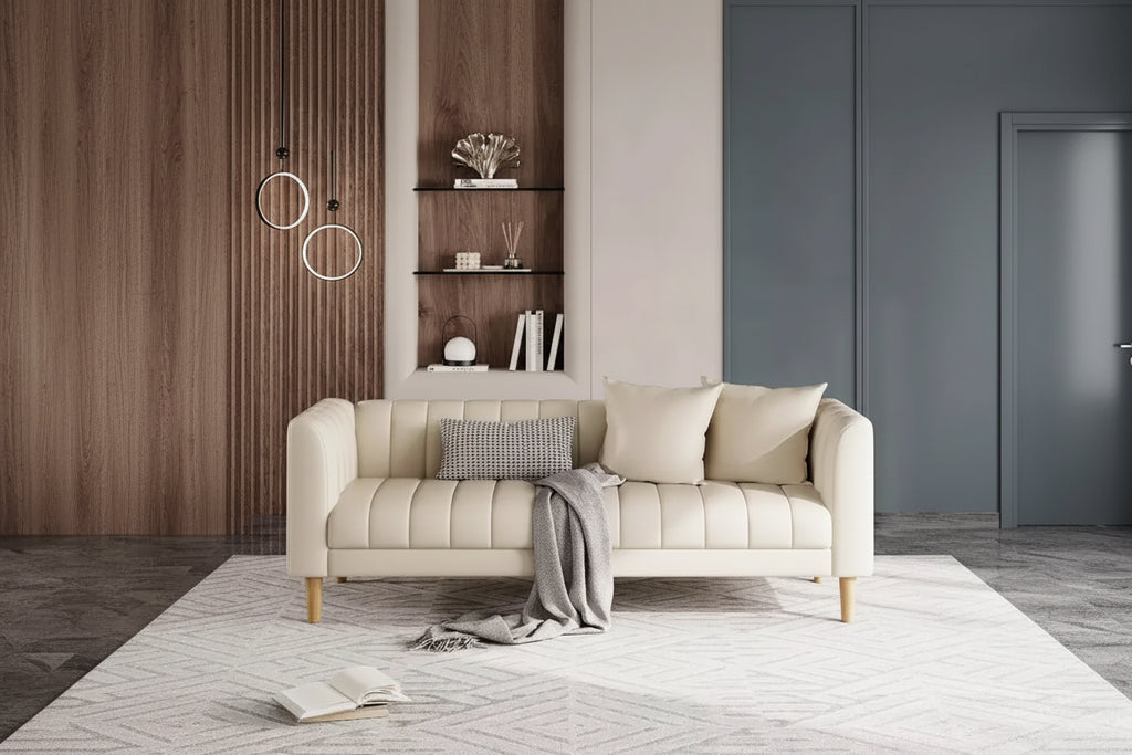Divano Moderno a 3 Posti in Similpelle, con Sedute Profonde, 2 Cuscini Decorativi, Piedini in Legno, Facile da Montare, Marrone