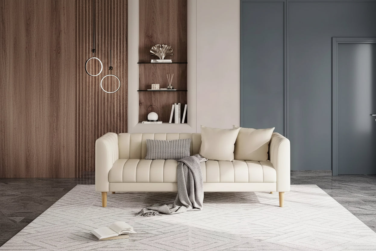 Divano Moderno a 3 Posti in Similpelle, con Sedute Profonde, 2 Cuscini Decorativi, Piedini in Legno, Facile da Montare, Marrone