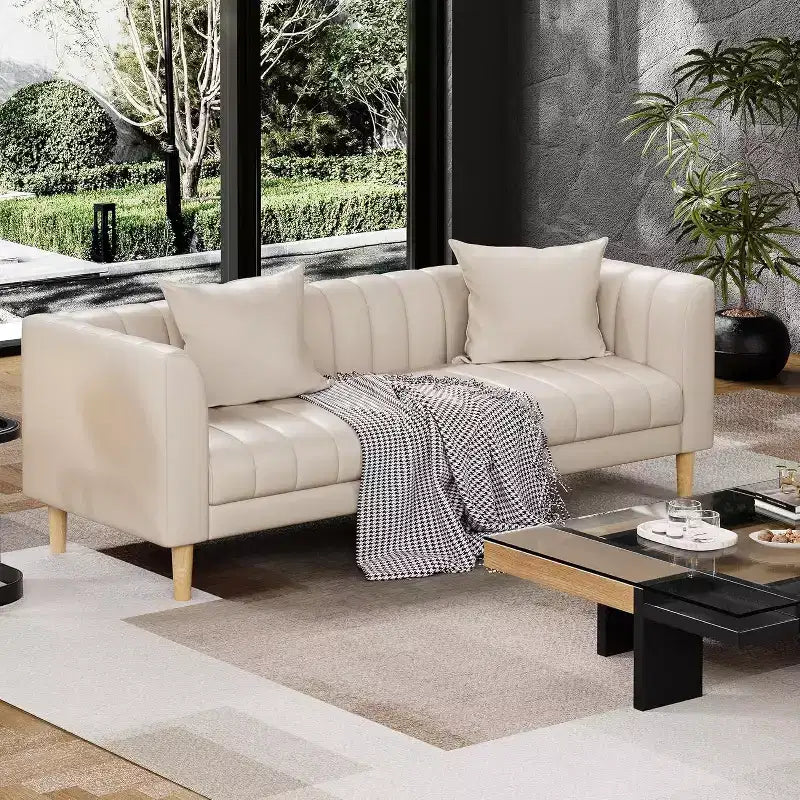 Acekool Modern 78 Faux Leather Sofa Couch, 3 Seater with Deep Seats, 2 Throw Pillows, Wood Legs, Easy Assembly, Brown