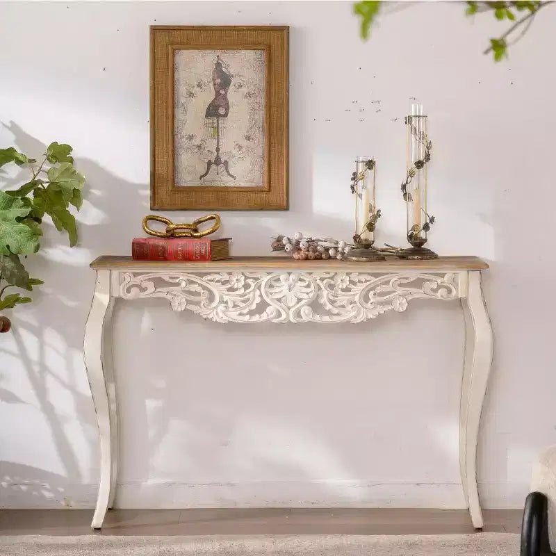 GDFStudio Yves French Country Console Table with Carved Details and Curved Legs