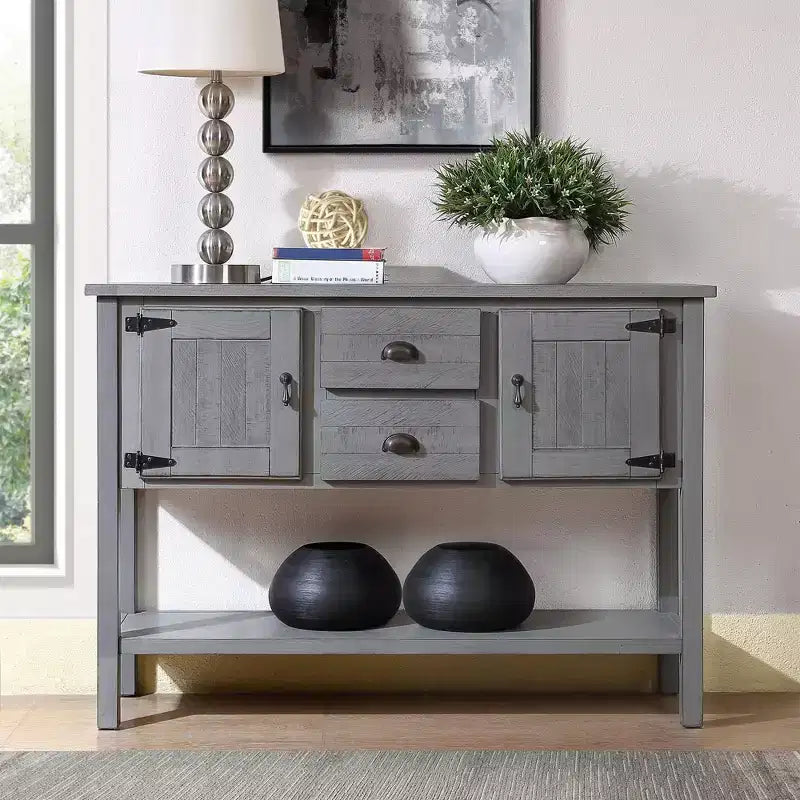 TROPOW 48 Inch Farmhouse Console Table, Farmhouse Entry Table with 2 Drawers and Cabinets, Solid Wood Sofa Table with Shelves for Bedroom,Grey