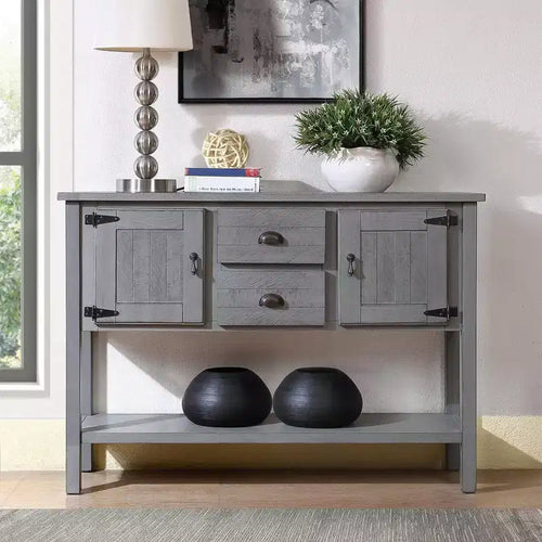TROPOW 48 Inch Farmhouse Console Table, Farmhouse Entry Table with 2 Drawers and Cabinets, Solid Wood Sofa Table with Shelves for Bedroom,Grey